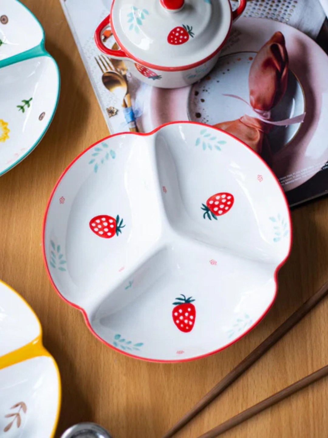 

THEDECORKART White & Red Printed Ceramic Easy to Clean Food Platter