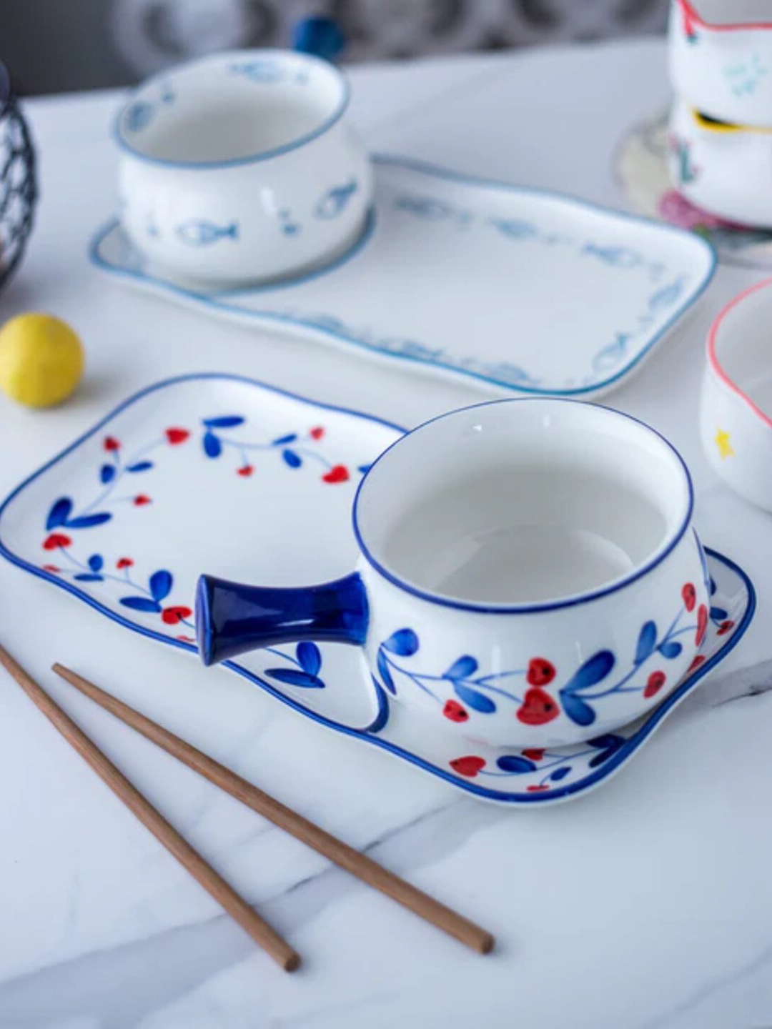 

THEDECORKART 2 Pieces White & Blue Ceramic Easy to Clean Food Platter