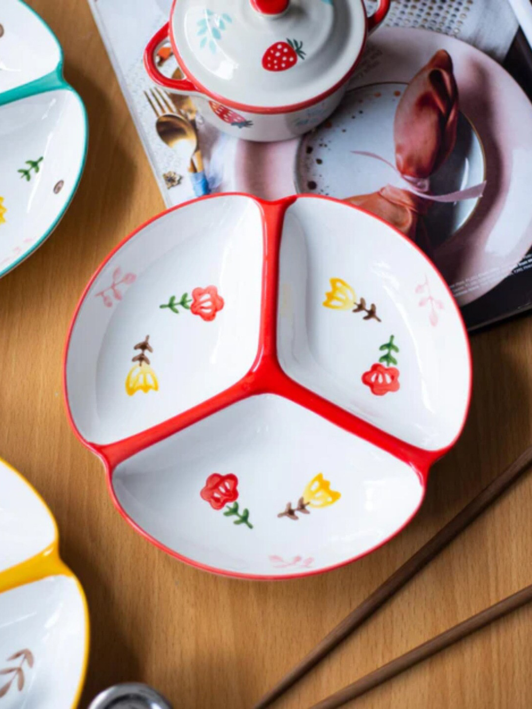 

THEDECORKART White & Red Printed Ceramic Easy to Clean Food Platter