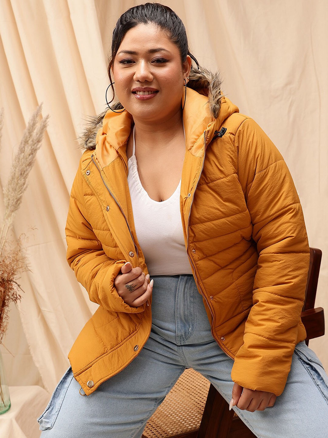 

CURVY STREET Plus Size Hooded Neck Long Sleeves Puffer Jacket, Yellow