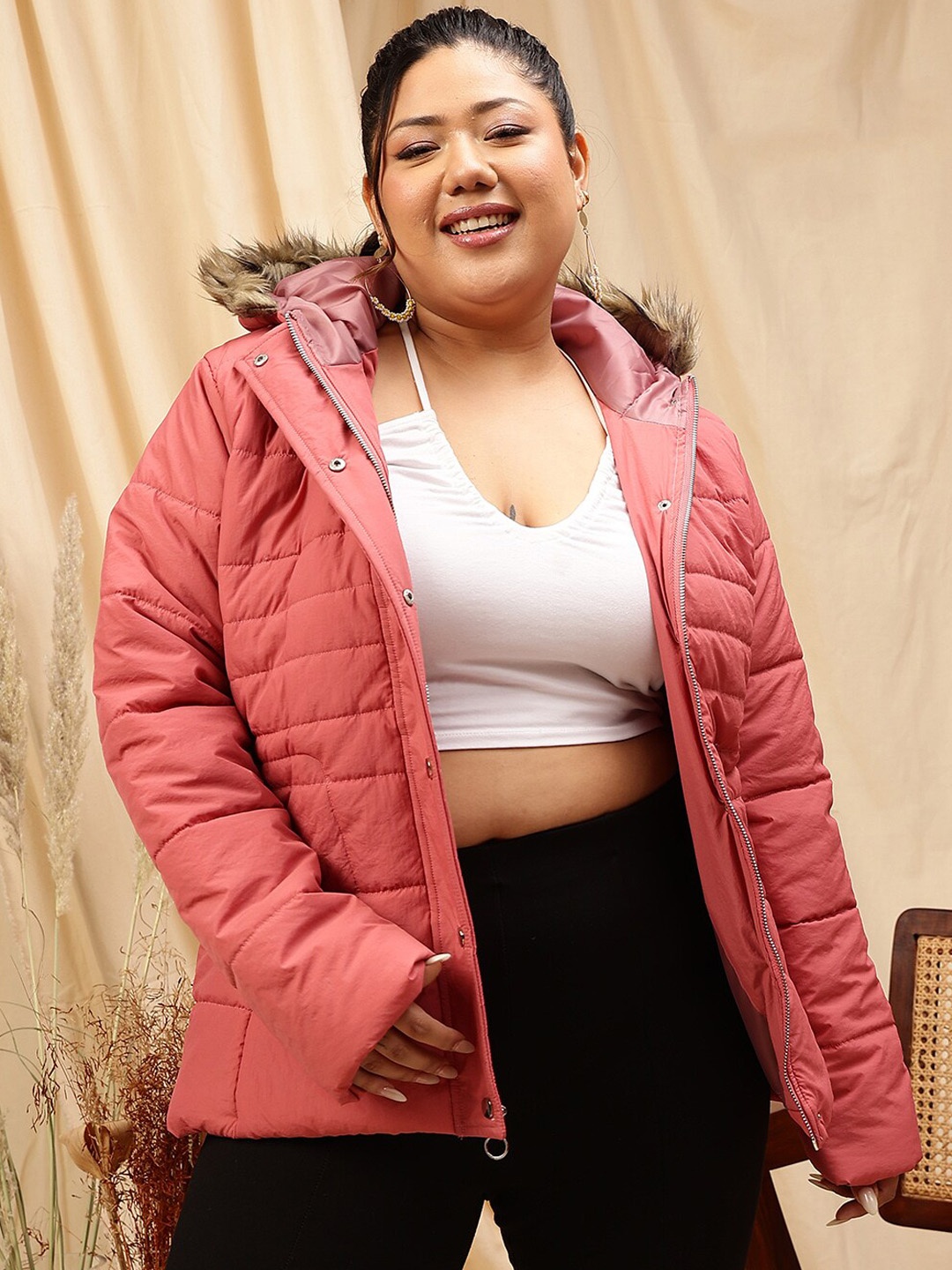 

CURVY STREET Plus Size Hooded Neck Long Sleeves Puffer Jacket, Rust