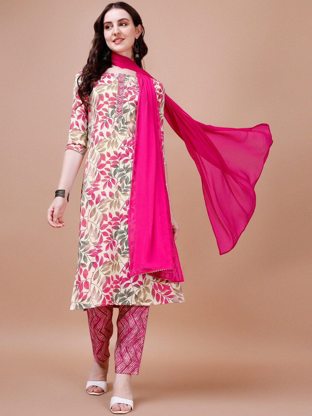 

KALINI Floral Printed Regular Pure Cotton Kurta With Trousers & Dupatta, Pink