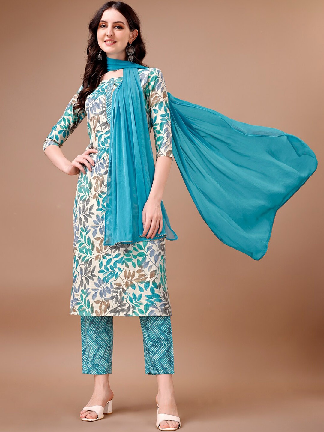 

KALINI Floral Printed Gotta Patti Detail Pure Cotton Straight Kurta & Trouser With Dupatta, Blue