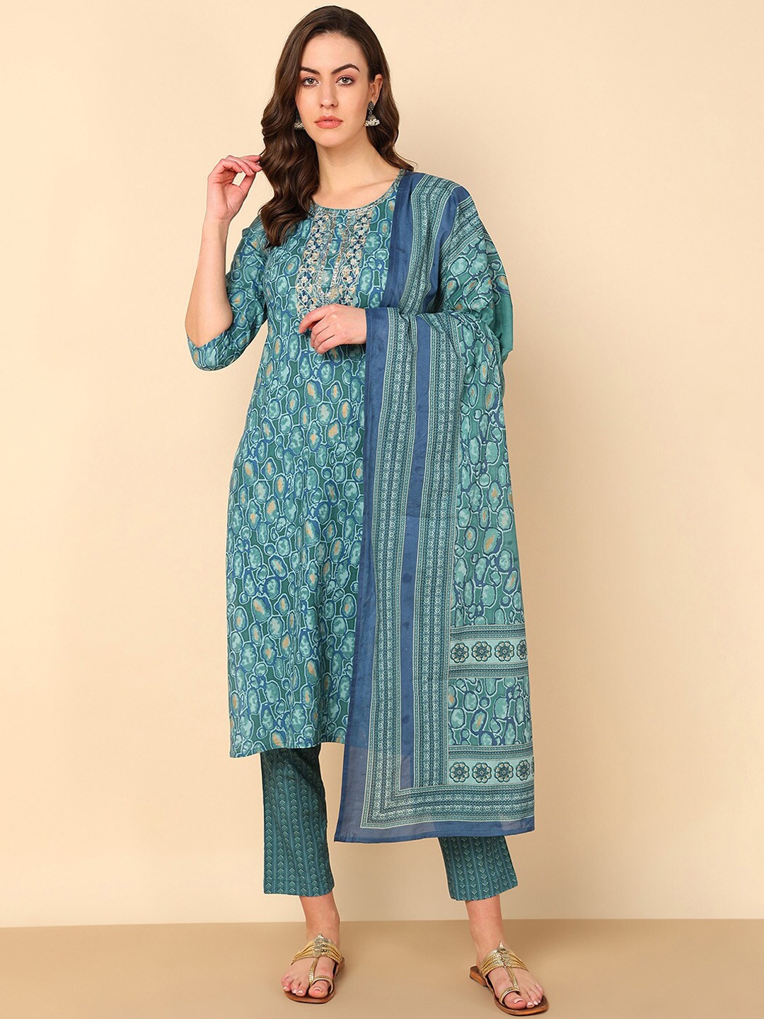 

Maaesa Abstract Printed Thread Work Kurta With Trousers & Dupatta, Teal