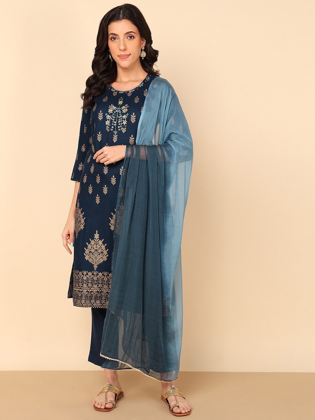 

Maaesa Floral Printed Straight Kurta With Trousers & Dupatta, Blue