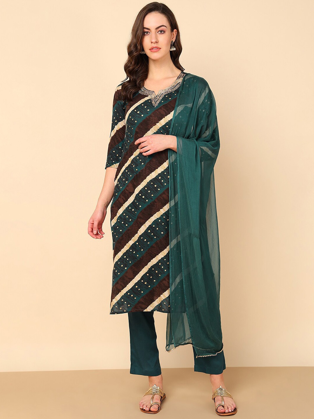 

Maaesa Striped Straight Kurta with Trousers & Dupatta, Green