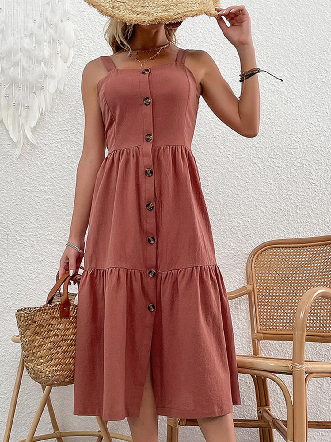 

StyleCast Brown Shoulder Straps Cotton Shirt Midi Dress
