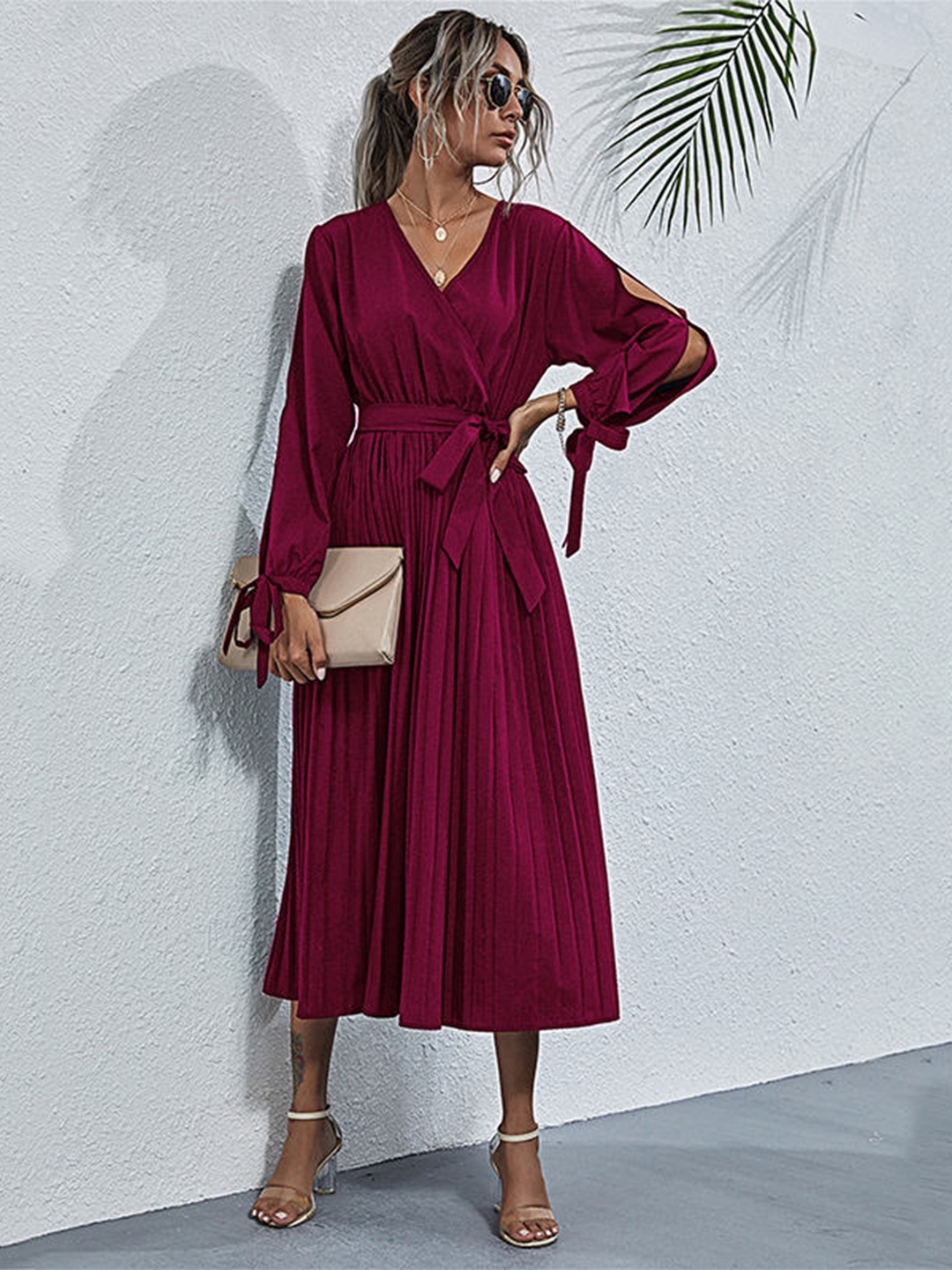 

StyleCast Maroon Accordion Pleats Slit Sleeve Wrap Midi Dress