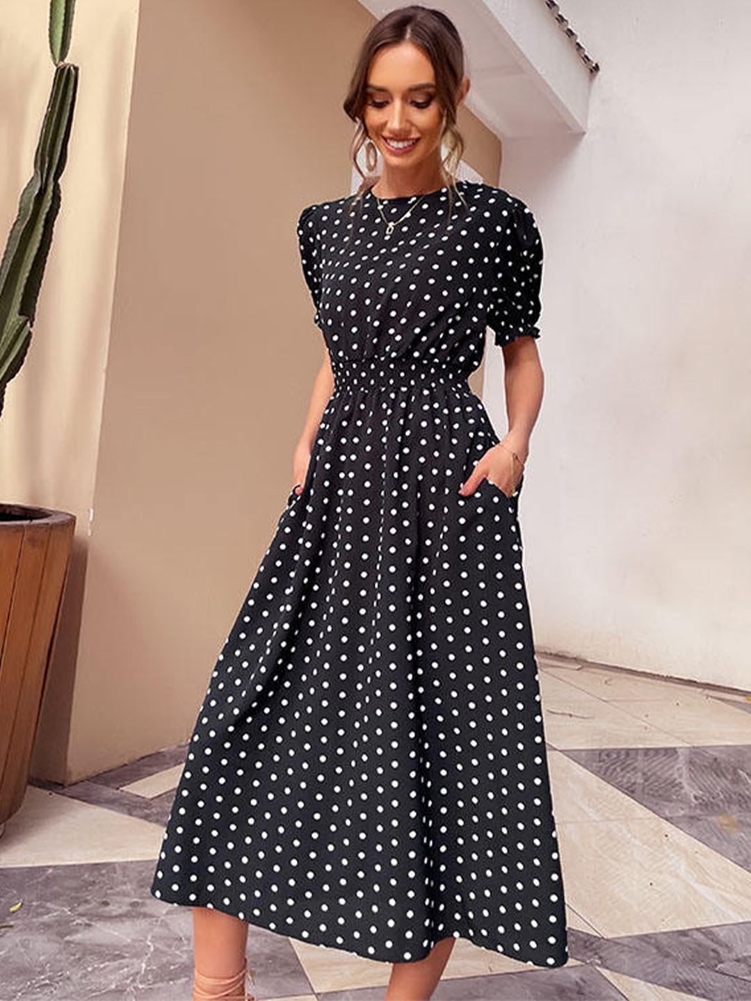 

StyleCast Black & White Polka Dot Printed Puffed Sleeves Smocked A-Line Midi Dress