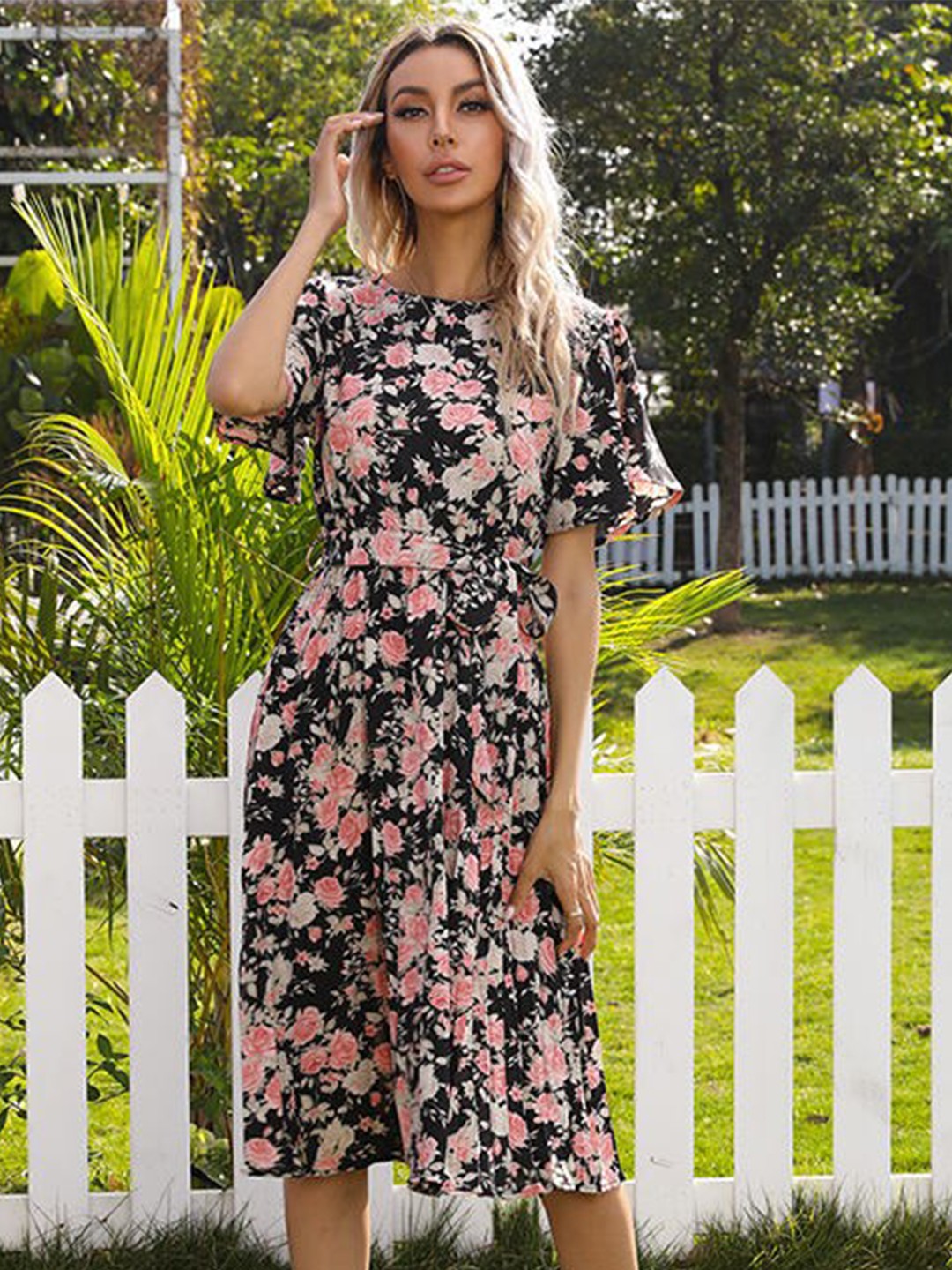 

StyleCast Navy Blue Floral Print Flared Sleeve Chiffon Fit & Flare Dress