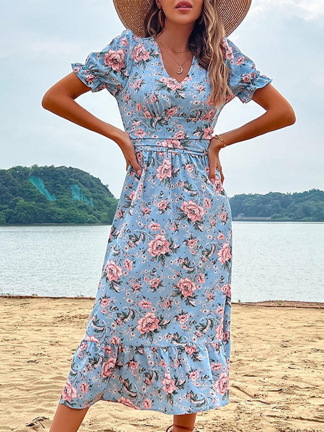 

StyleCast Blue Floral Print Puff Sleeve Fit & Flare Midi Dress