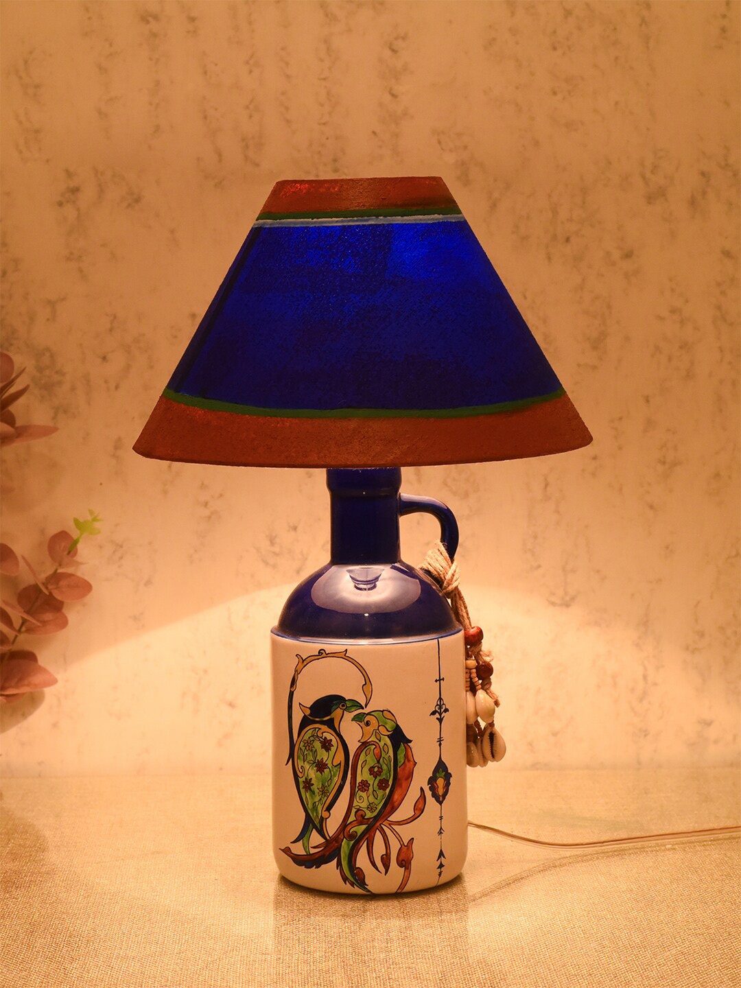 

AAKRITI ART CREATIONS Blue Printed Ceramic Traditional Frusturical Shaped Table Lamp