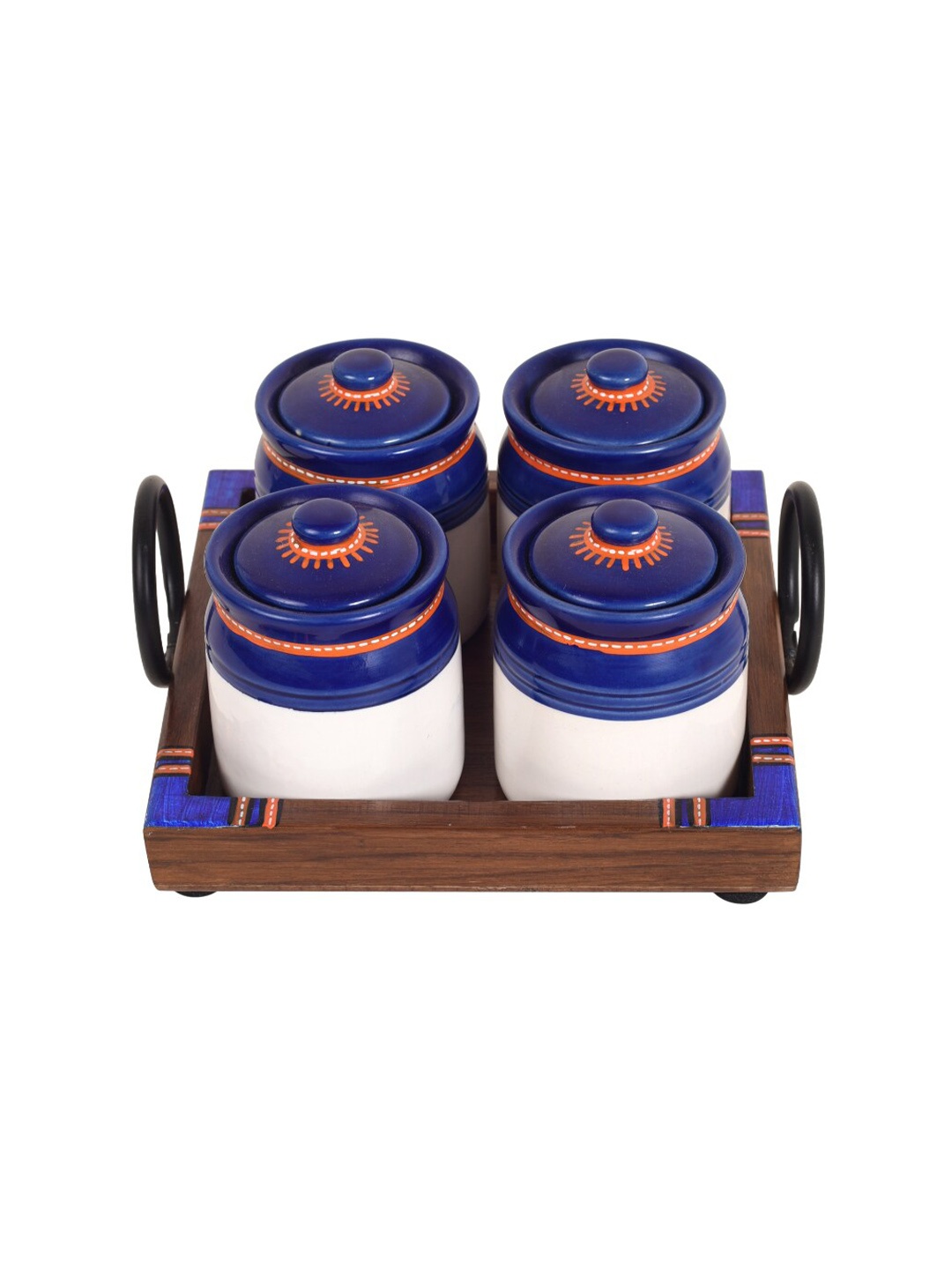 

AAKRITI ART CREATIONS 4 Pieces Blue Ceramic Food Containers With Tray