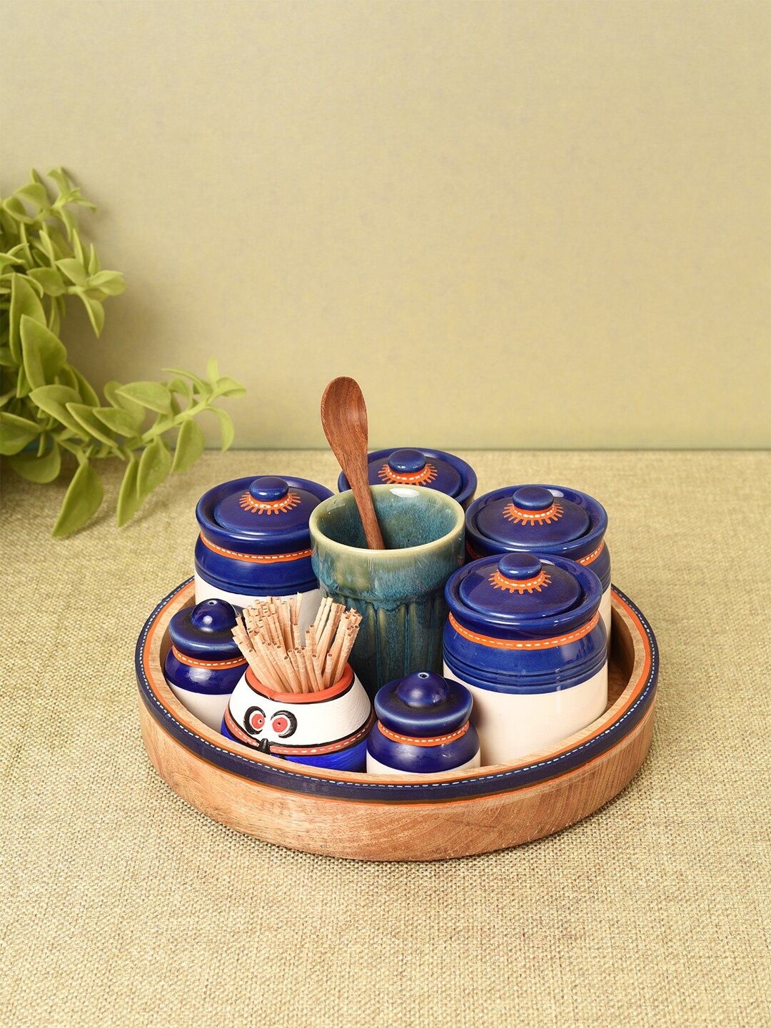 

AAKRITI ART CREATIONS Set of 4 Blue Ceramic Food Containers With Tray