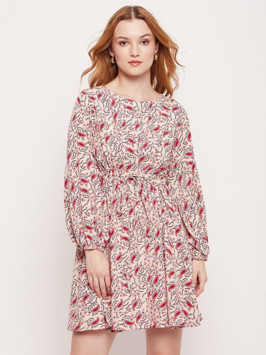 

Fashfun Floral Printed Puff Sleeves Crepe Fit & Flare Mini Dress, Off white