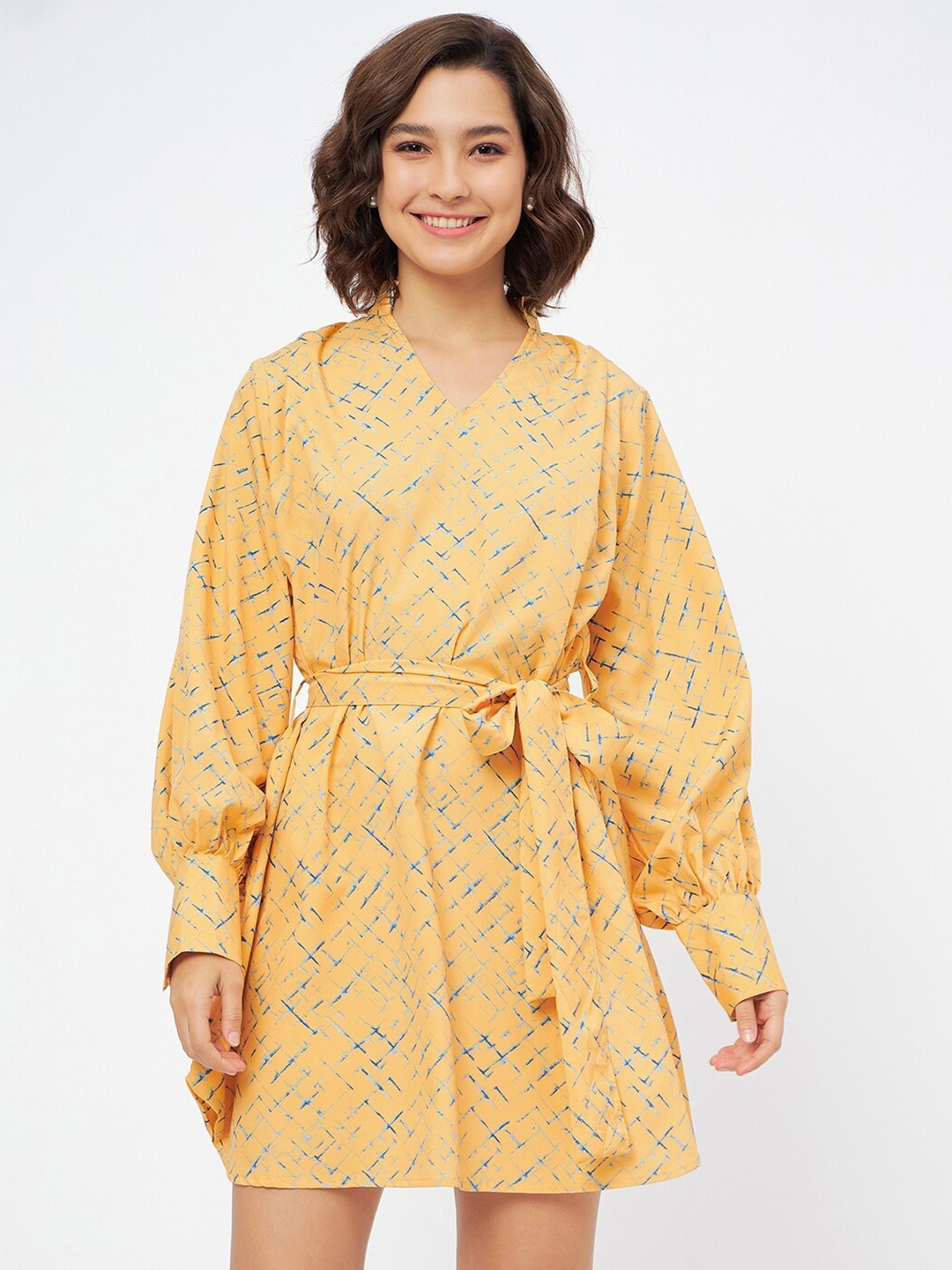 

Fashfun Abstract Printed V-Neck Cuffed Sleeves A-Line Dress, Yellow