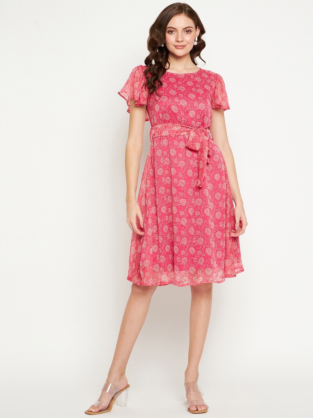 

Fashfun Floral Printed Flared Sleeves Crepe Fit & Flare Dress, Pink