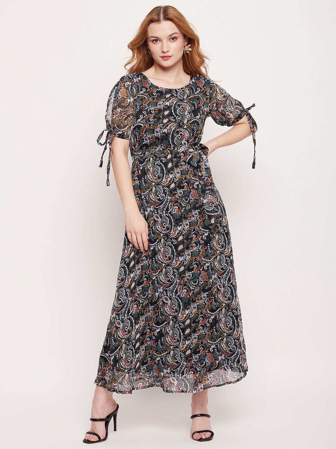 

Fashfun Floral Printed Slit Sleeves Crepe Maxi Dress, Black
