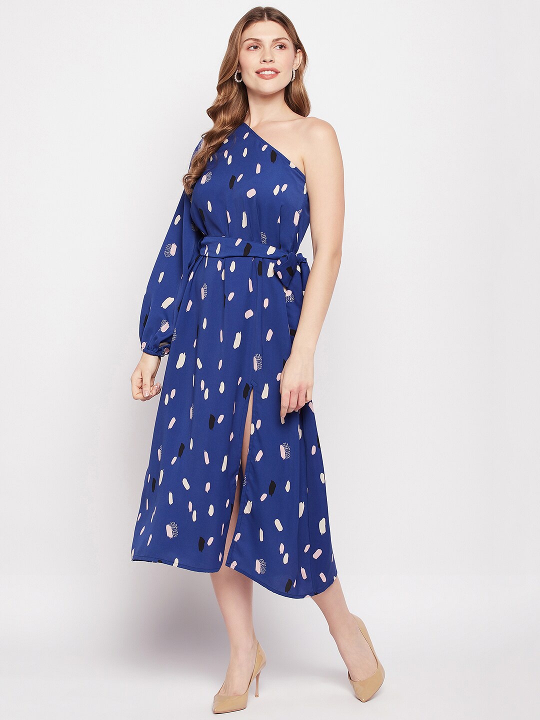 

Fashfun Abstract Printed One Shoulder Crepe Fit & Flare Midi Dress, Blue
