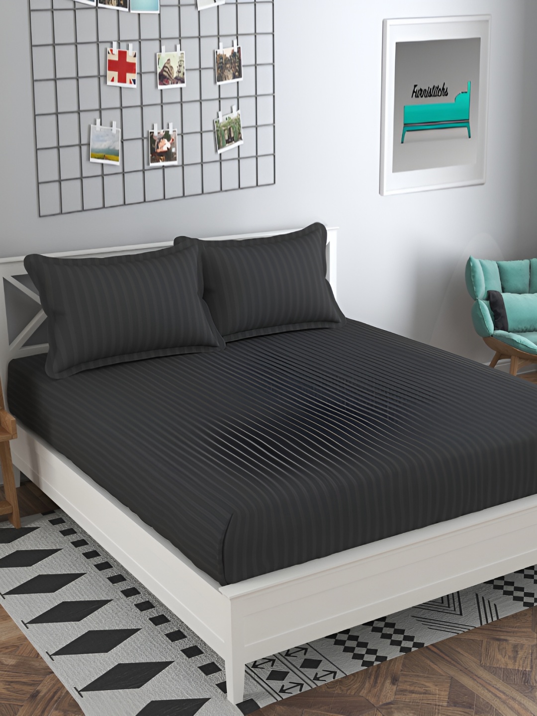 

Furnistitchs Grey Striped 300 TC Double Elastic Fitted King Bedsheet with 2 Pillow Covers