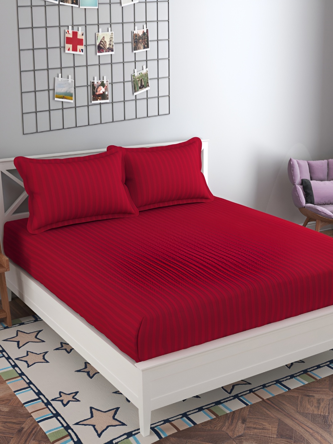 

Furnistitchs Red Striped 300 TC King Bedsheet with 2 Pillow Covers