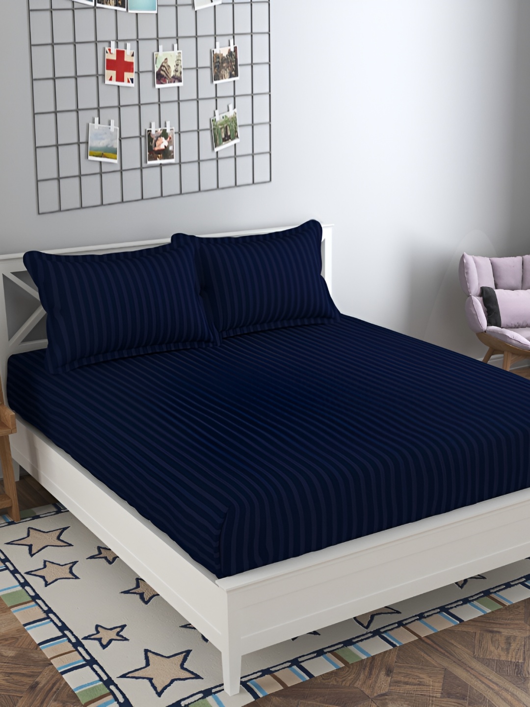 

Furnistitchs Blue Striped 300 TC Double Elastic Fitted King Bedsheet with 2 Pillow Covers