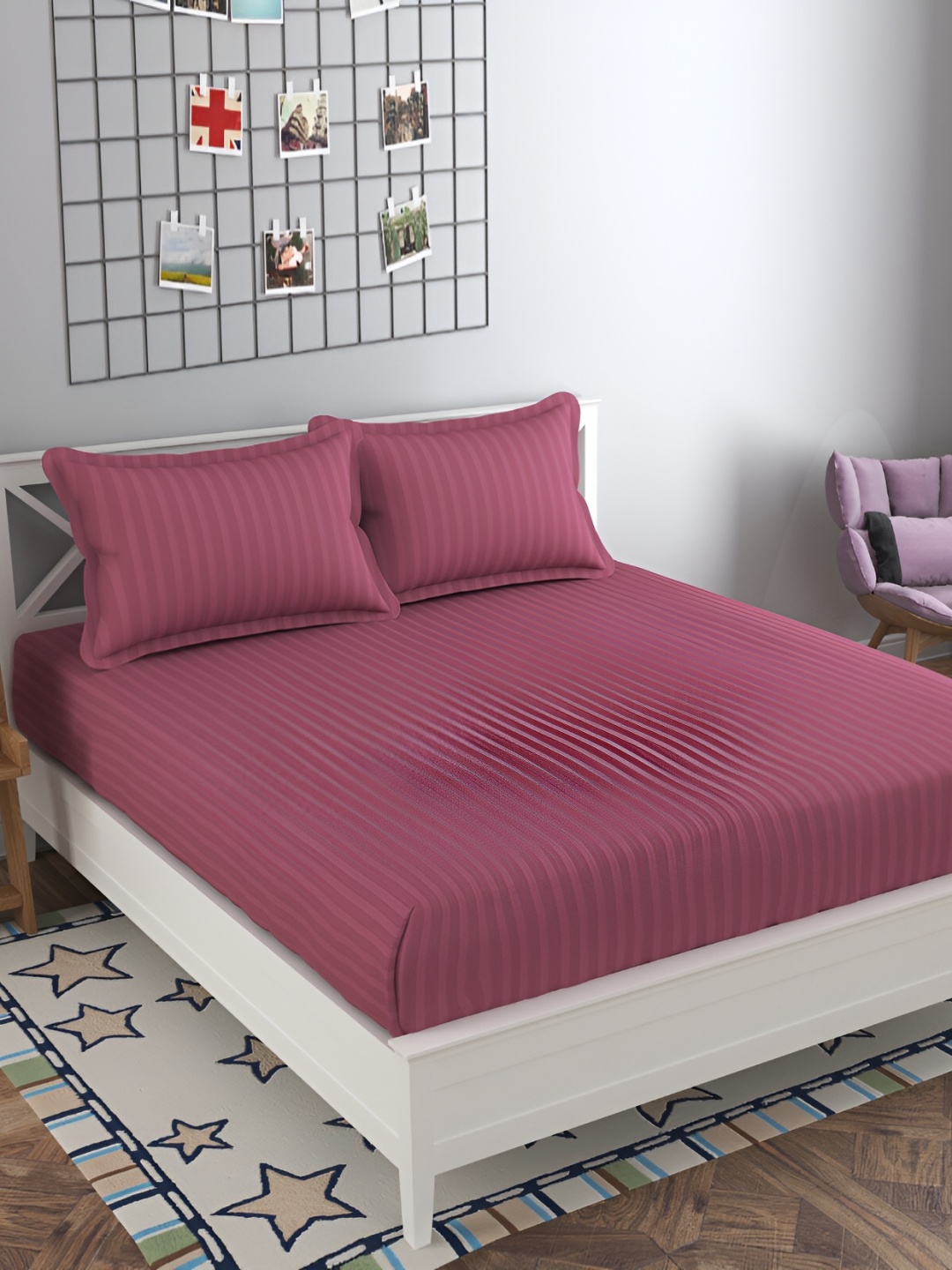 

Furnistitchs Mauve Striped 300 TC Double Elastic Fitted King Bedsheet with 2 Pillow Covers