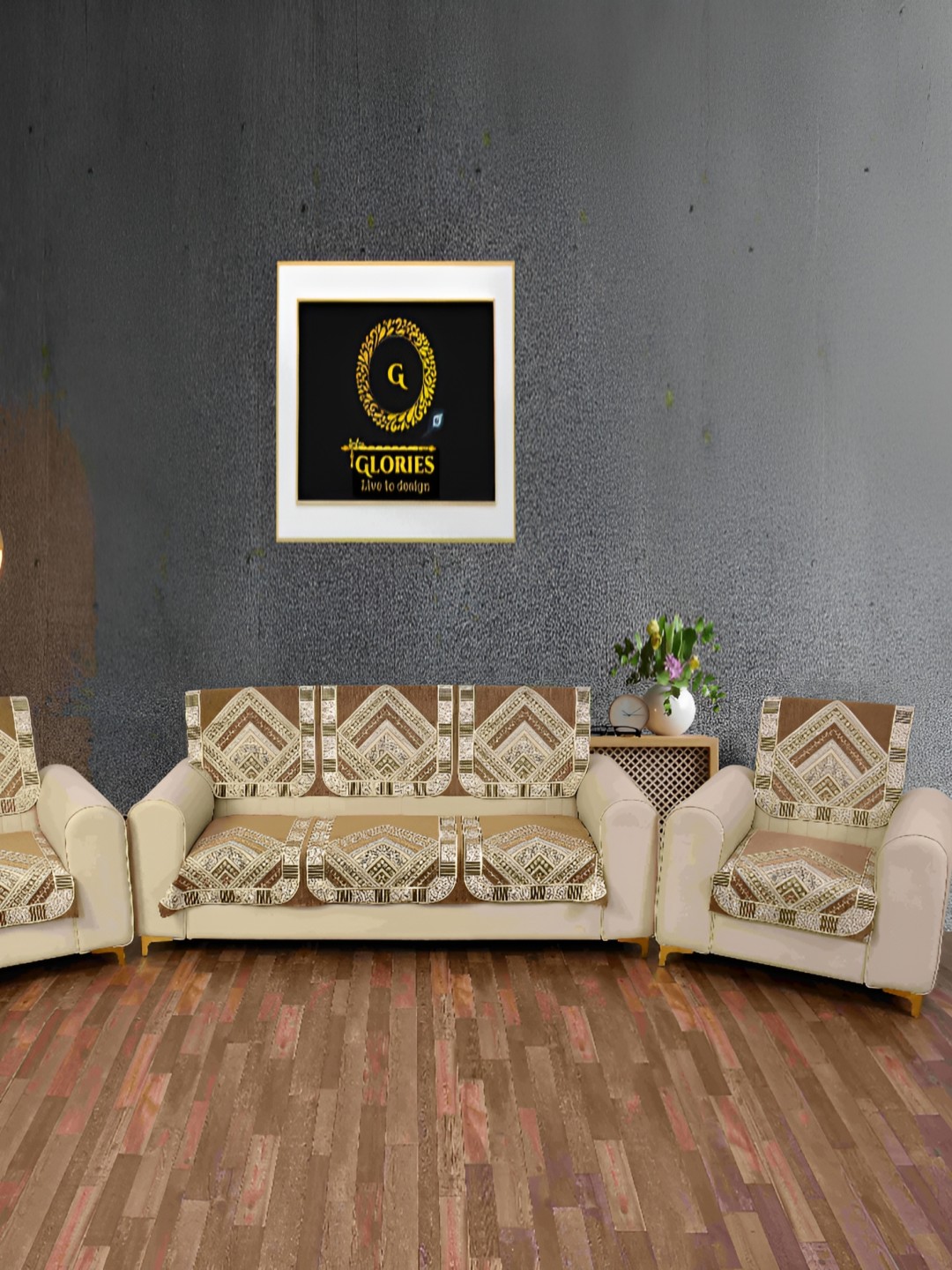 

GLORIES Camel Brown Checked Velvet 6 Seater Sofa Cover
