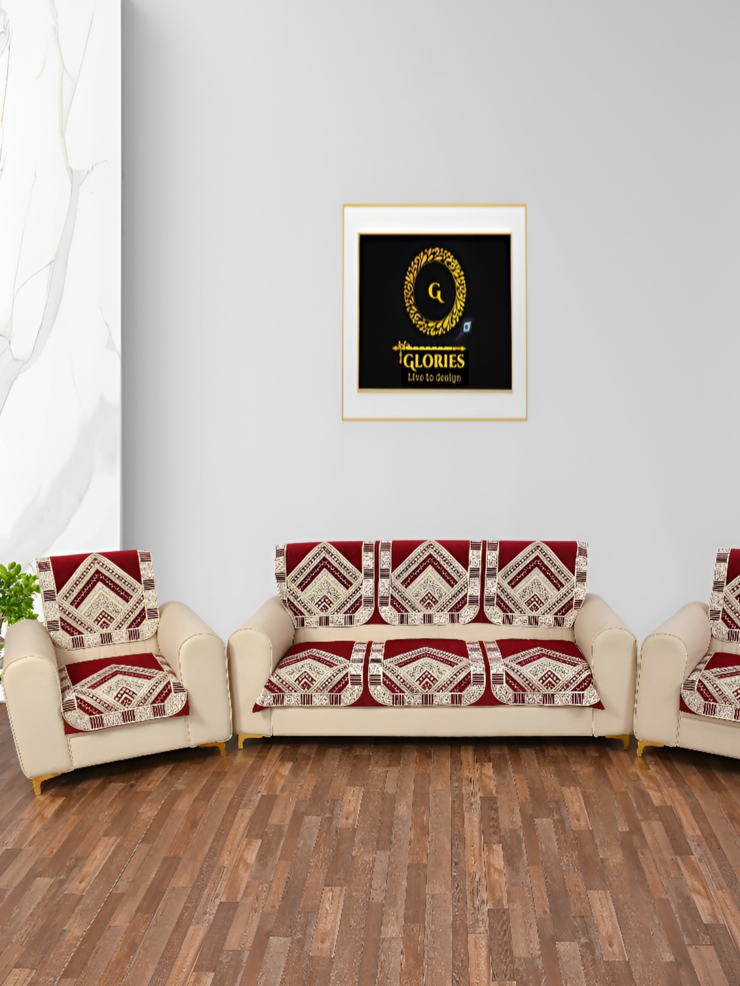 

GLORIES Maroon Checked Velvet Sofa Cover