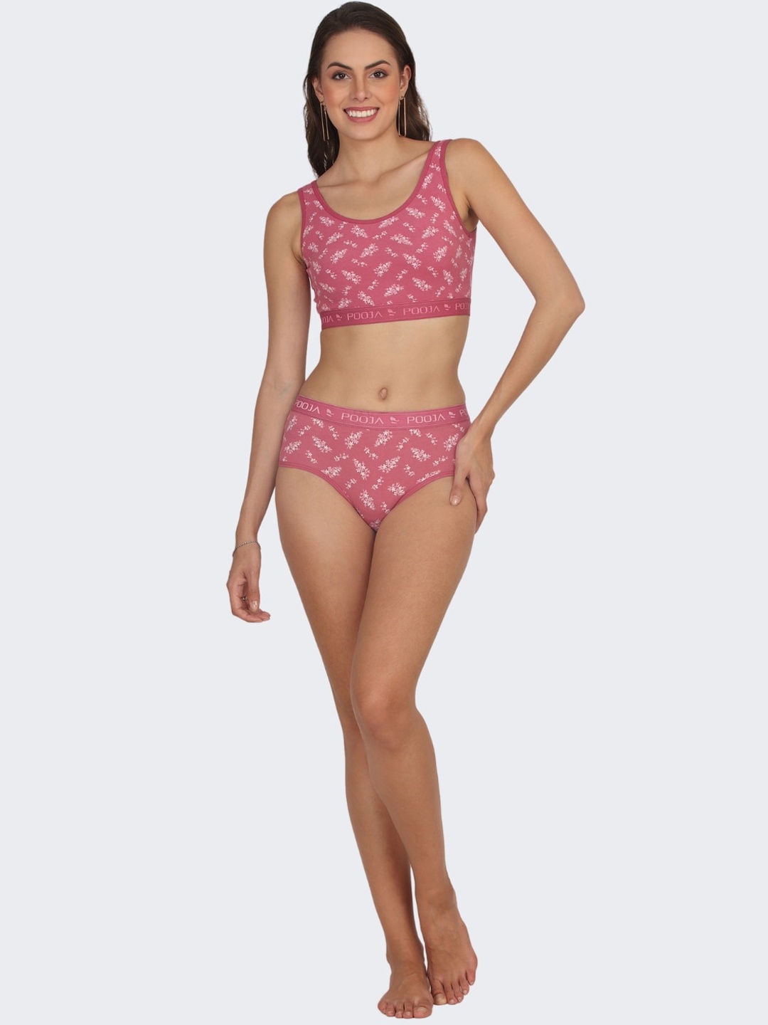 

POOJA RAGENEE Floral Printed Skin Breathable Cotton Bra With Brief, Pink