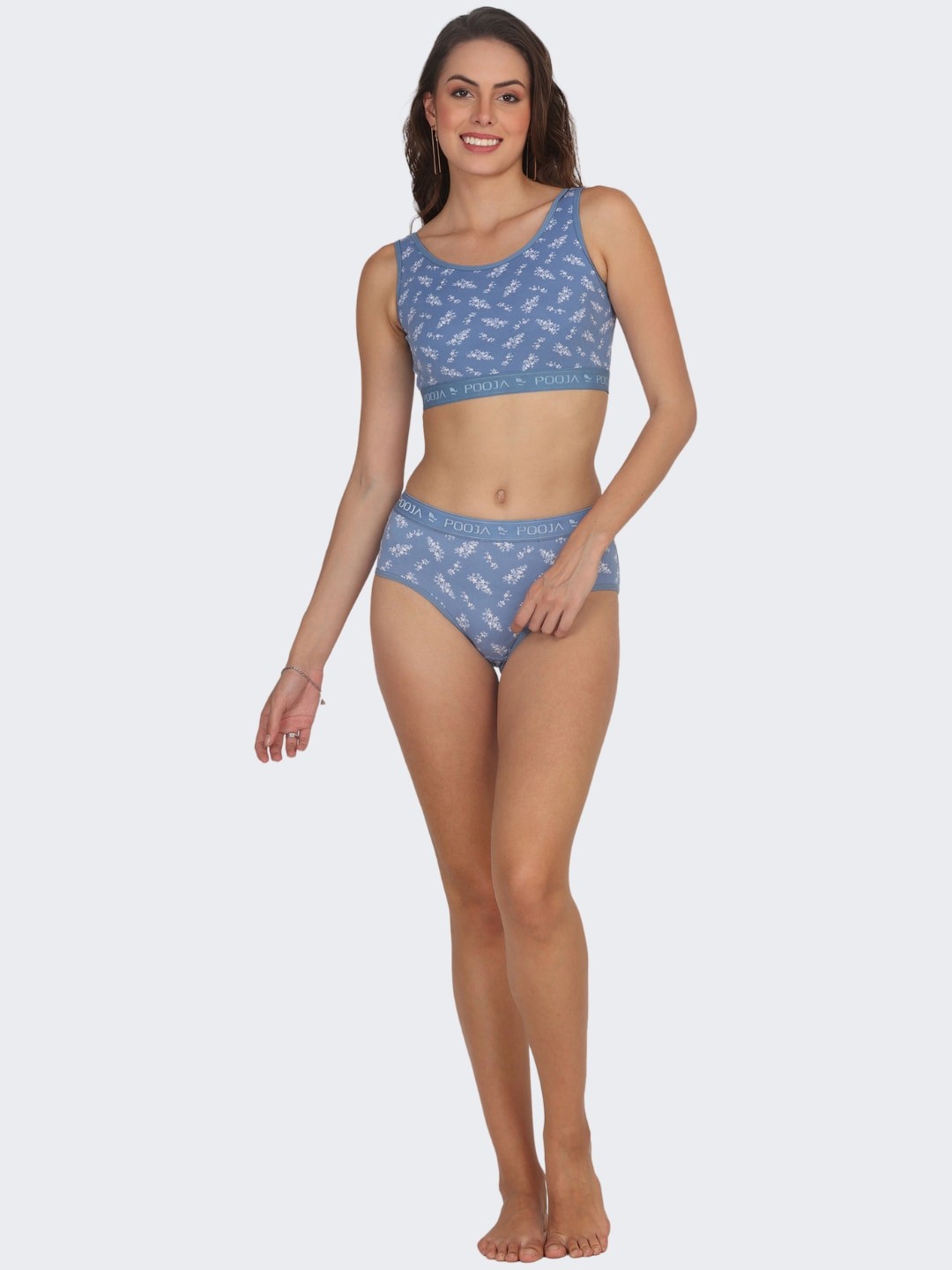 

POOJA RAGENEE Floral Printed Skin Breathable Cotton Bra With Brief, Blue