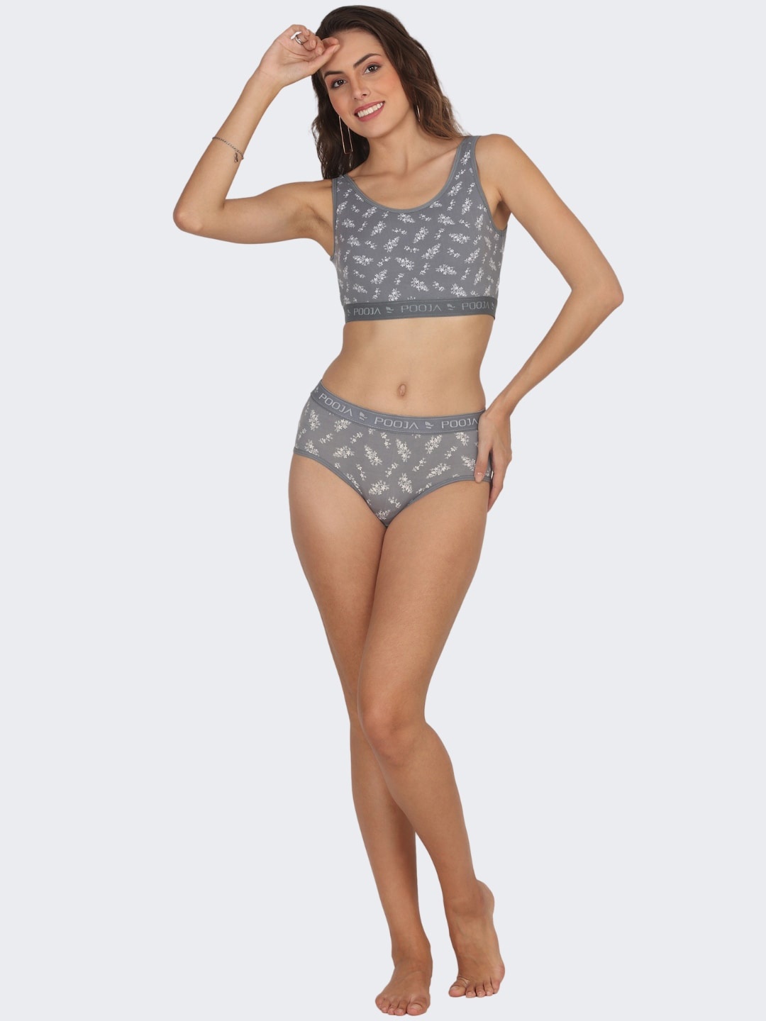 POOJA RAGENEE Floral Printed Skin Breathable Cotton Bra With Brief, Grey