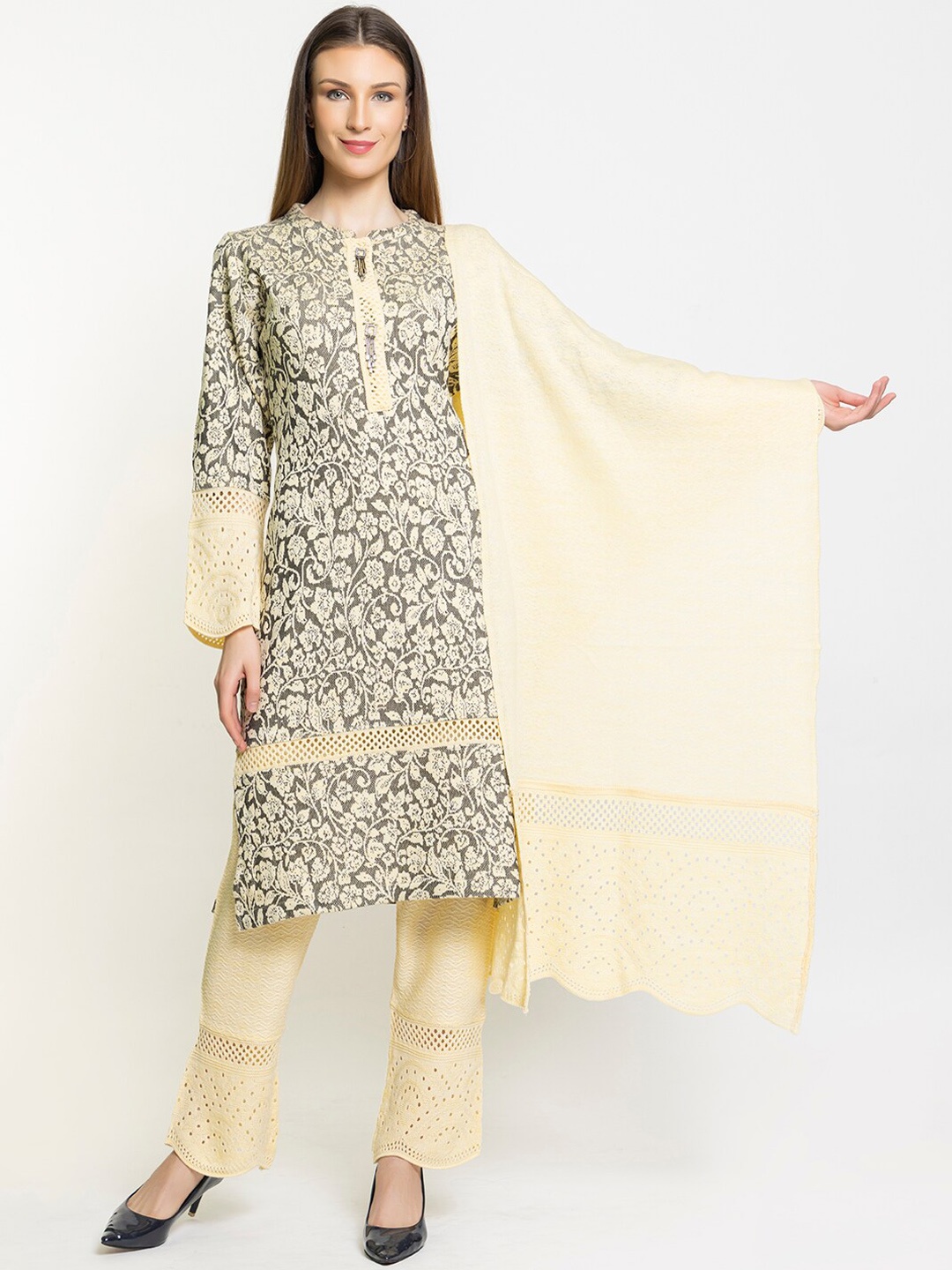 

Elthia Floral Woven Design Mandarin Collar Straight Kurta & Trouser With Dupatta, Cream