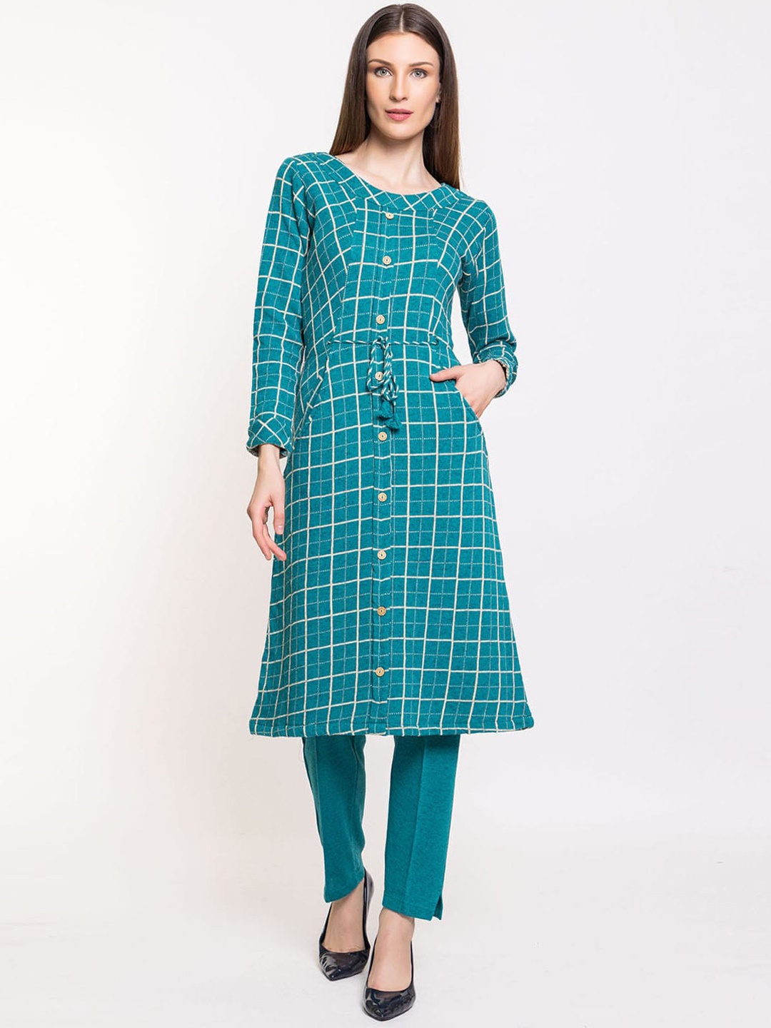 

Elthia Checked A-Line Kurta with Trouser, Sea green