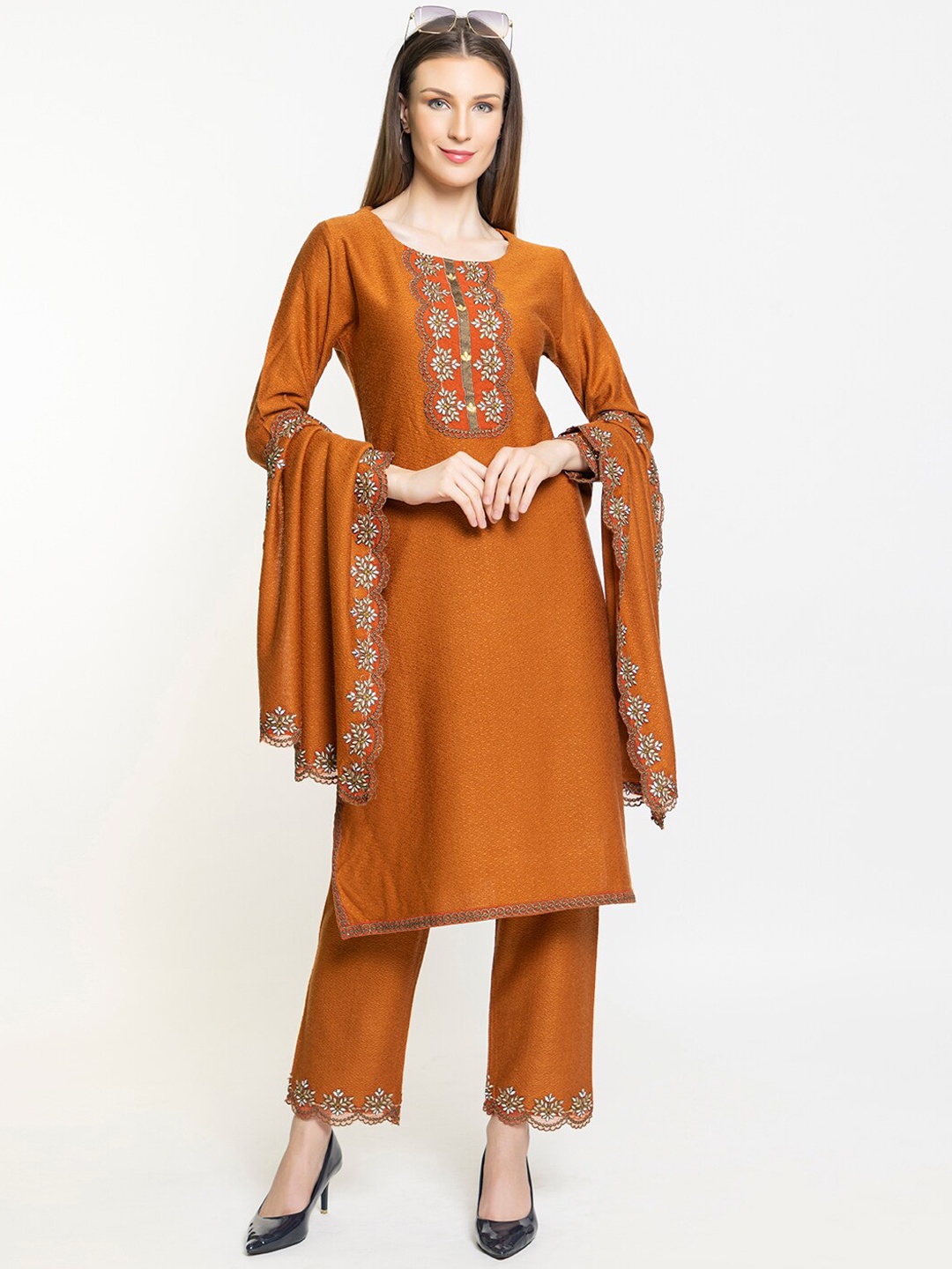 

Elthia Floral Yoke Design Beads and Stones Kurta With Trousers & Dupatta, Rust