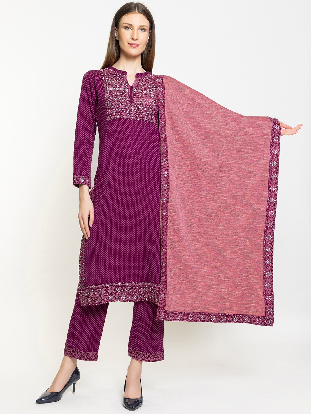 

Elthia Floral Self Design Mirror Work Kurta With Trousers & Dupatta, Purple