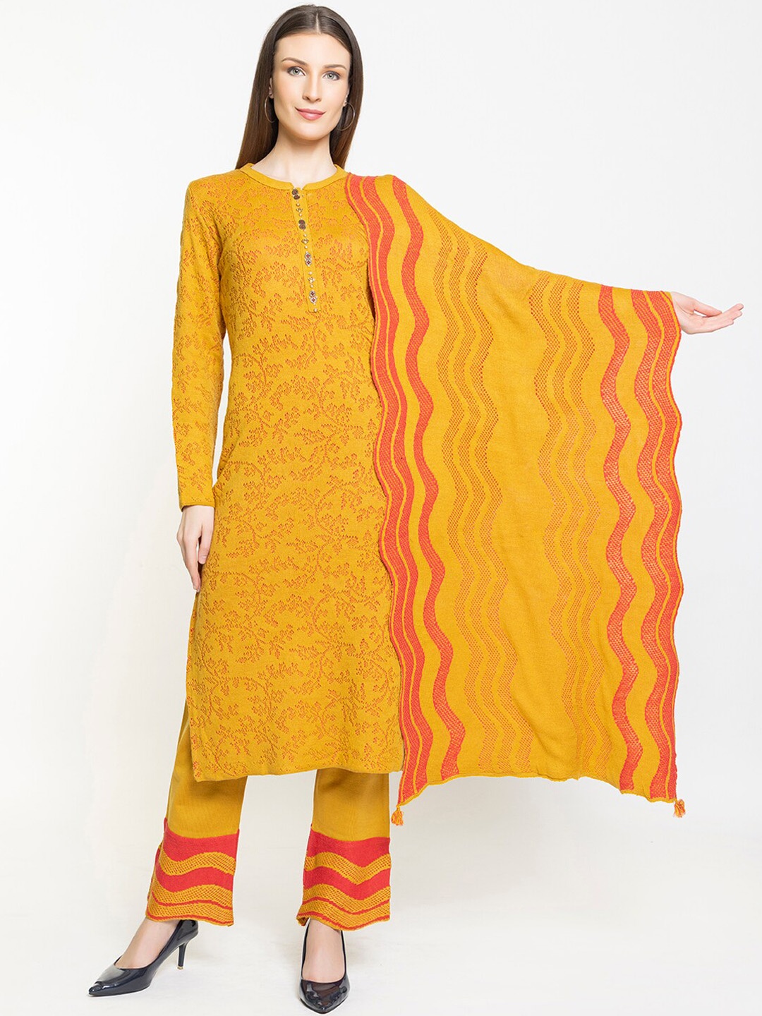 

Elthia Floral Self Design Kurta With Trousers & Dupatta, Mustard