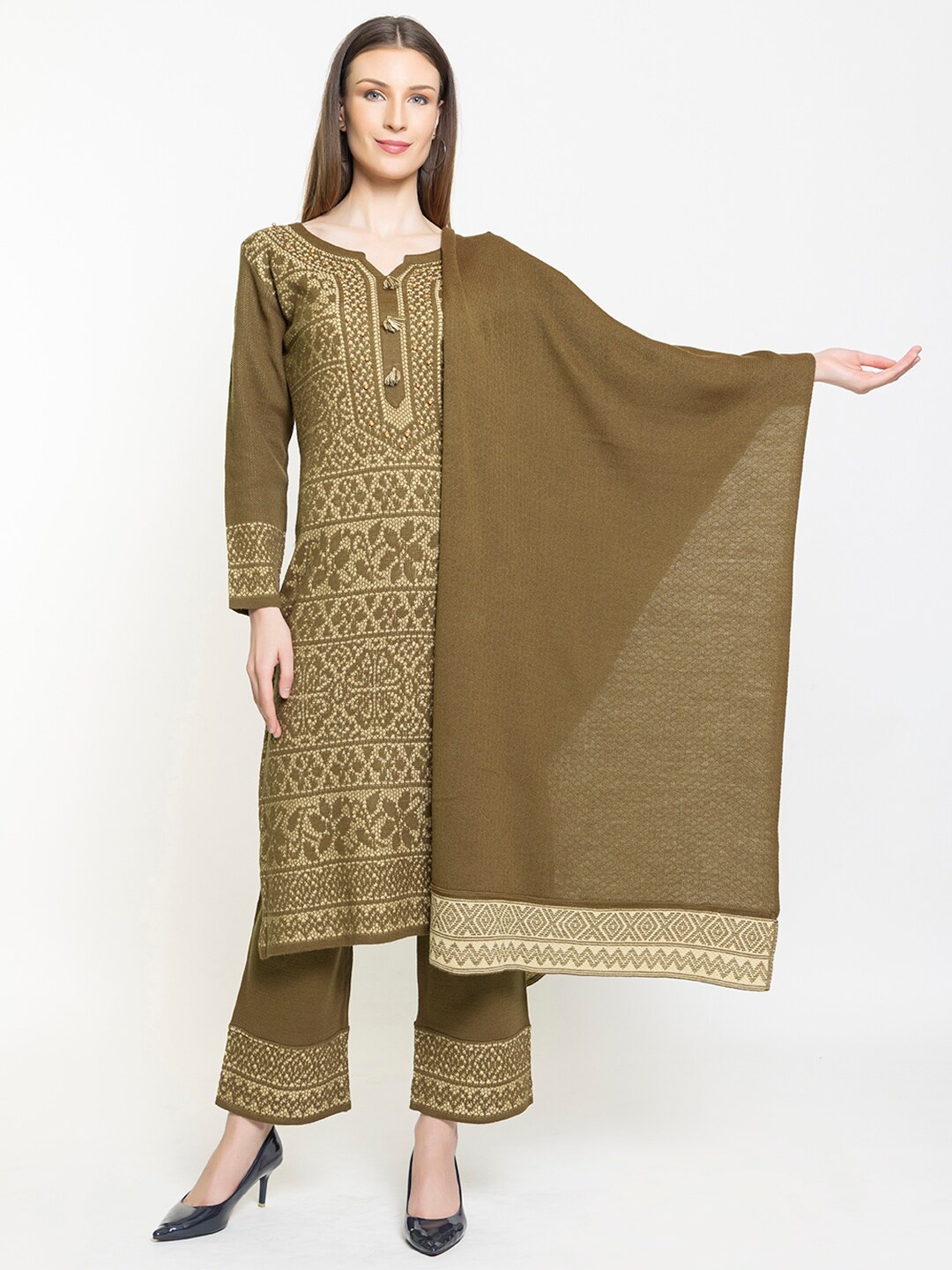 

Elthia Ethnic Motifs Self Design Straight Kurta With Trousers & Dupatta, Olive