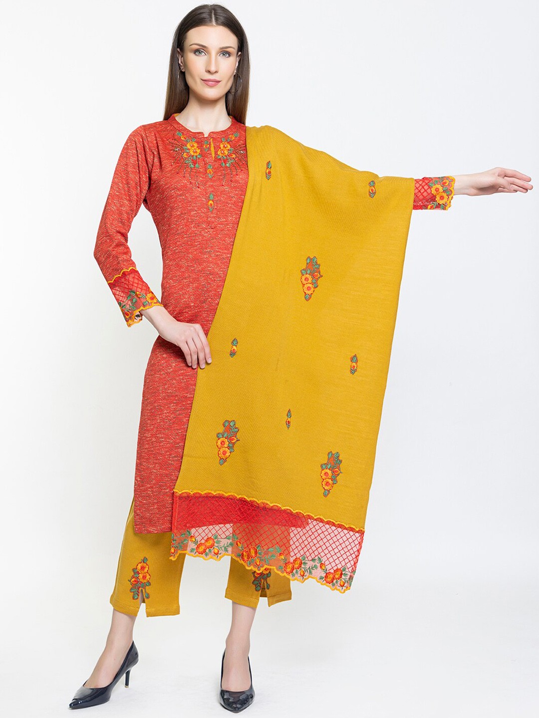 

Elthia Floral Embroidered Beads And Stones Kurta with Trousers & Dupatta, Orange