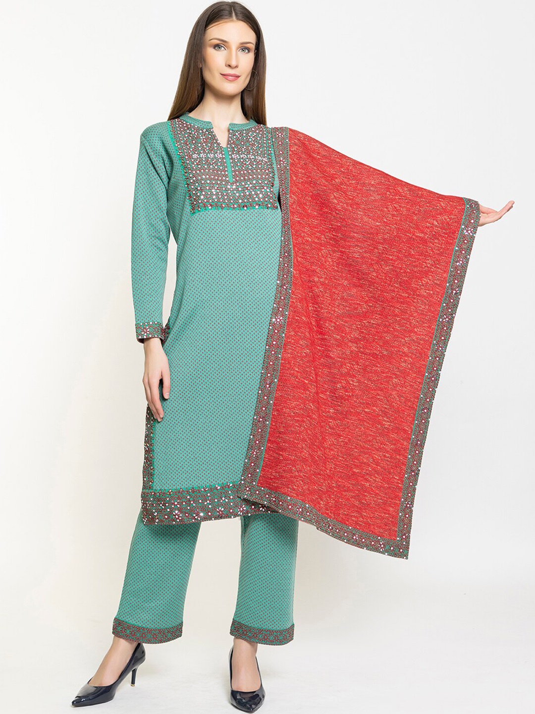 

Elthia Floral Printed Mirror Work Straight Kurta with Trousers & Dupatta, Green