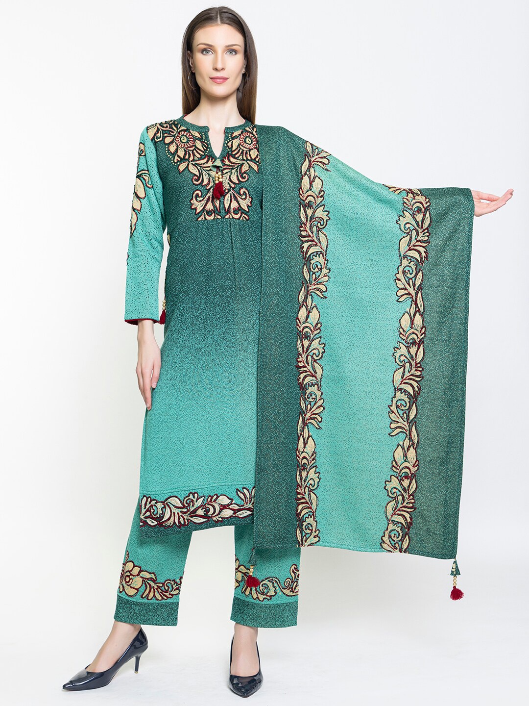

Elthia Ethnic Motifs Yoke Design Thread Work Detail Straight Kurta & Trouser With Dupatta, Green
