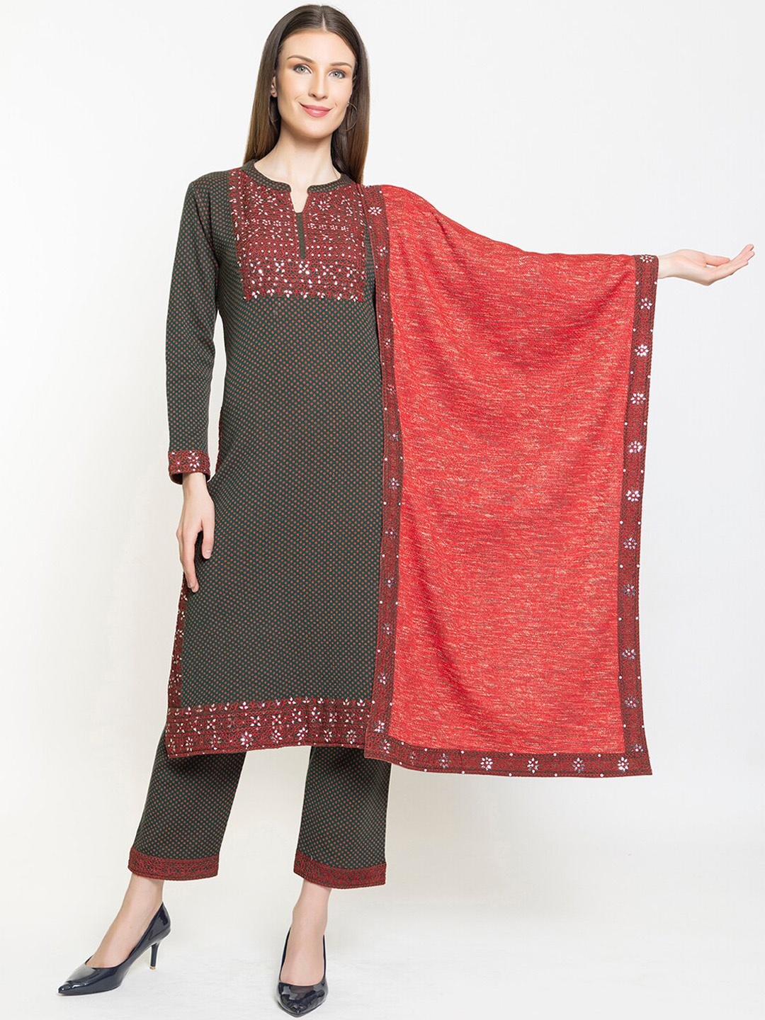 

Elthia Floral Woven Design Mirror Work Kurta With Trousers & Dupatta, Brown