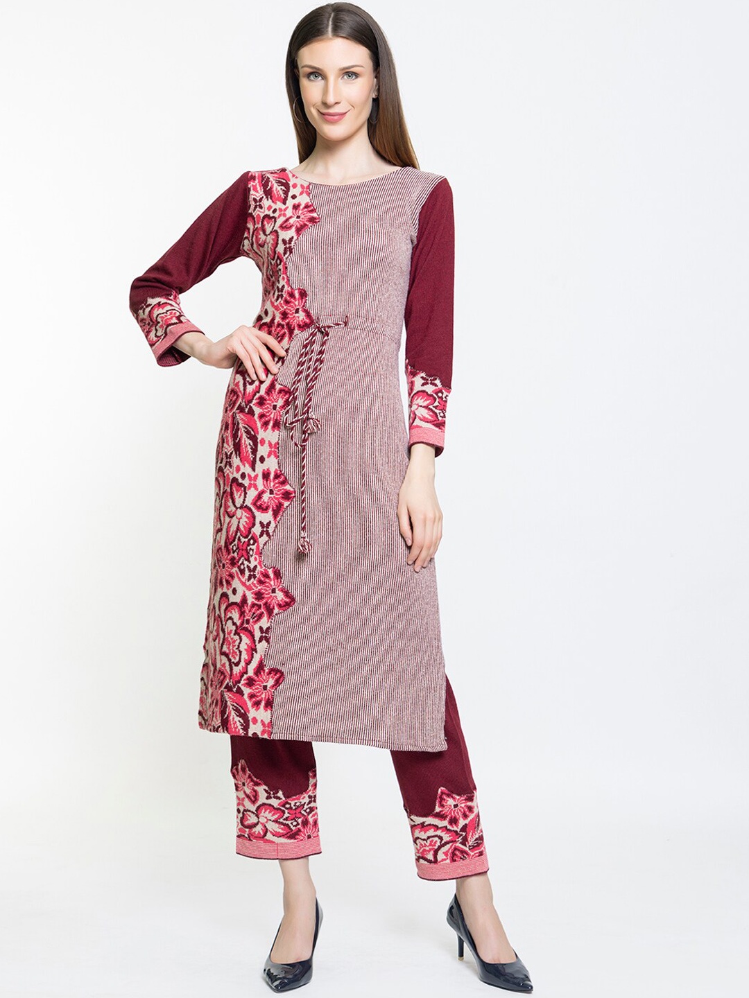 

Elthia Floral Printed Straight Kurta with Trousers, Maroon