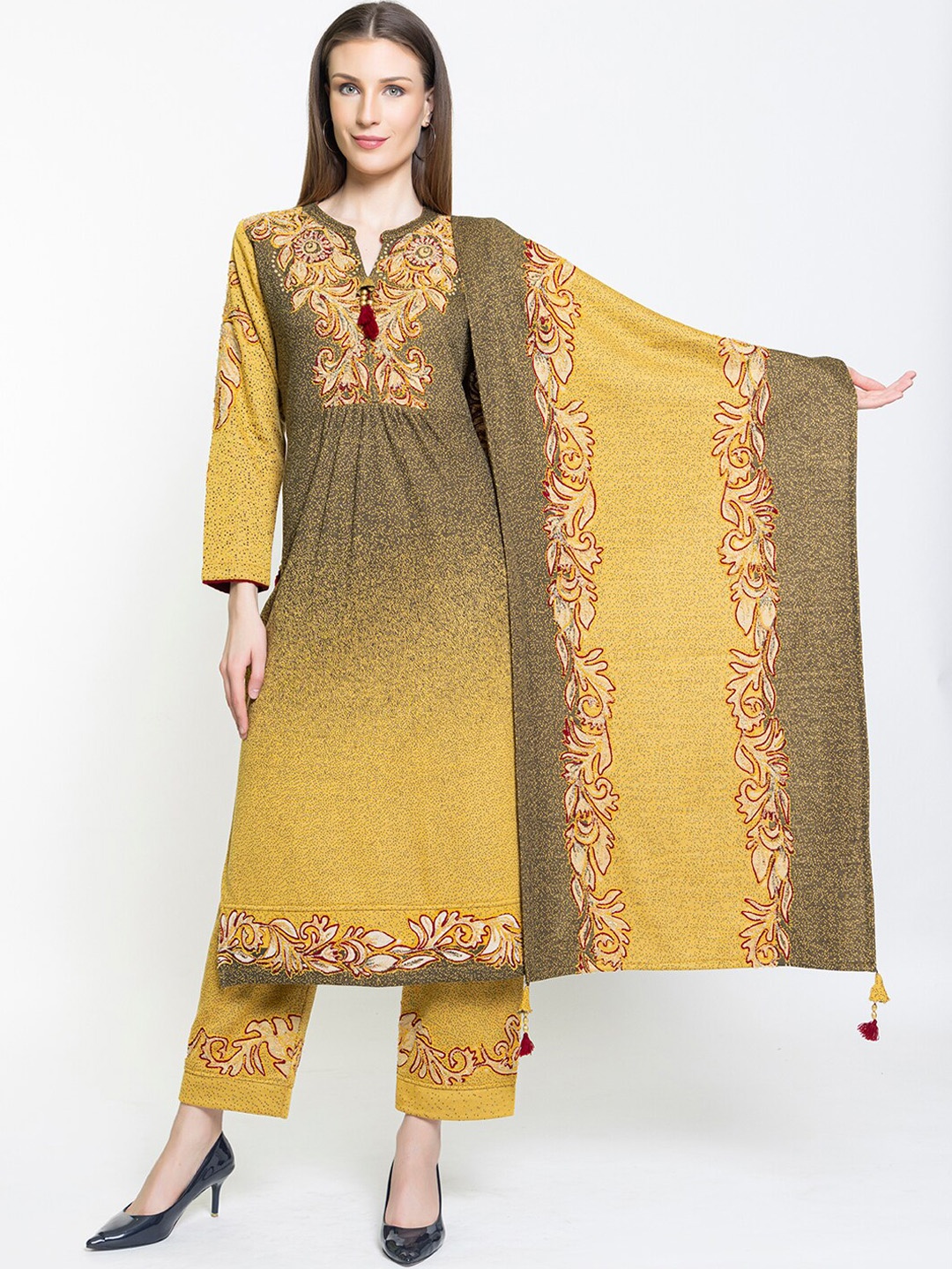 

Elthia Floral Self Design Empire Knitted Kurta With Trousers & Dupatta, Mustard