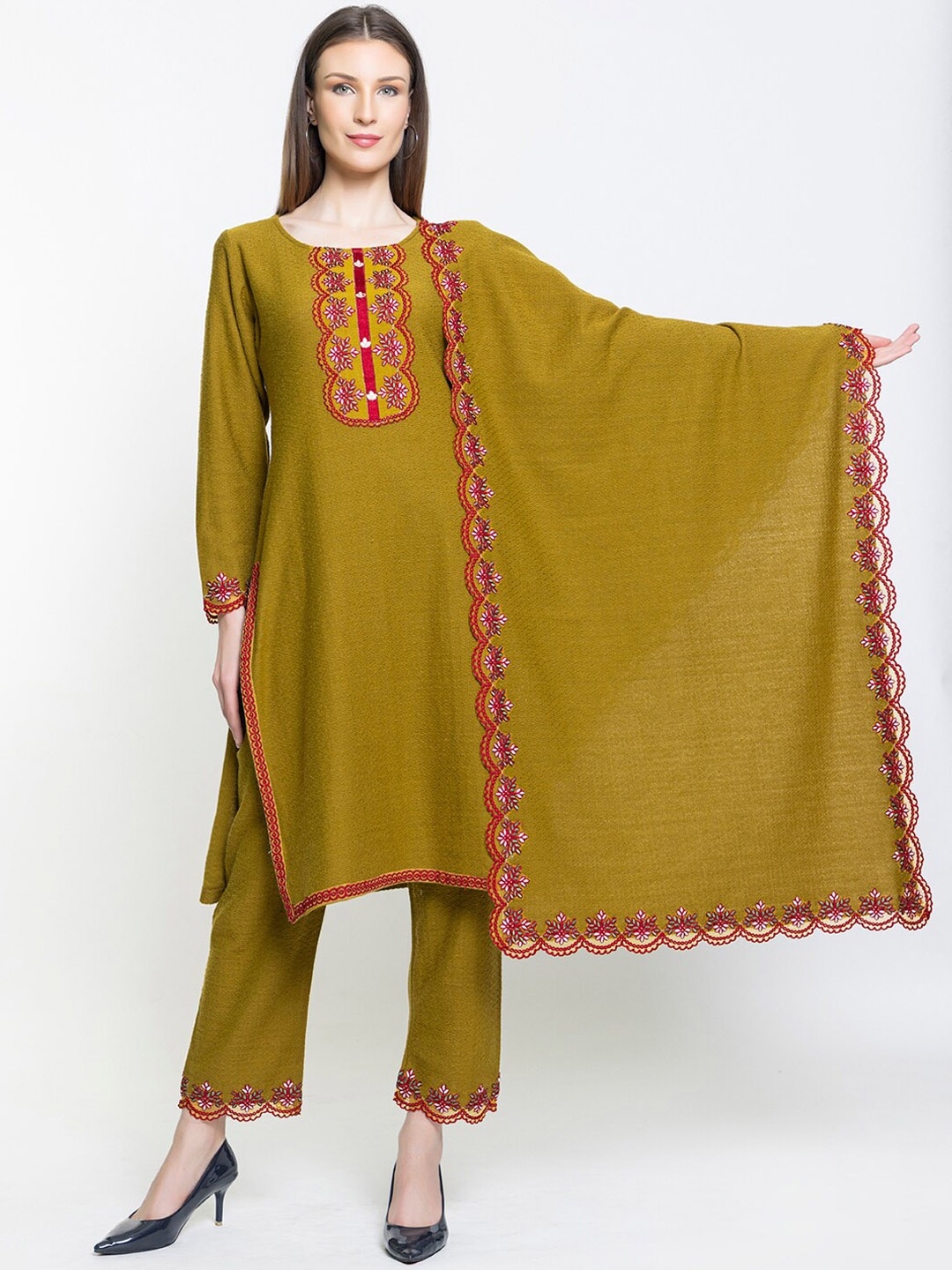 

Elthia Floral Yoke Design Knitted Kurta with Trousers & Dupatta, Olive