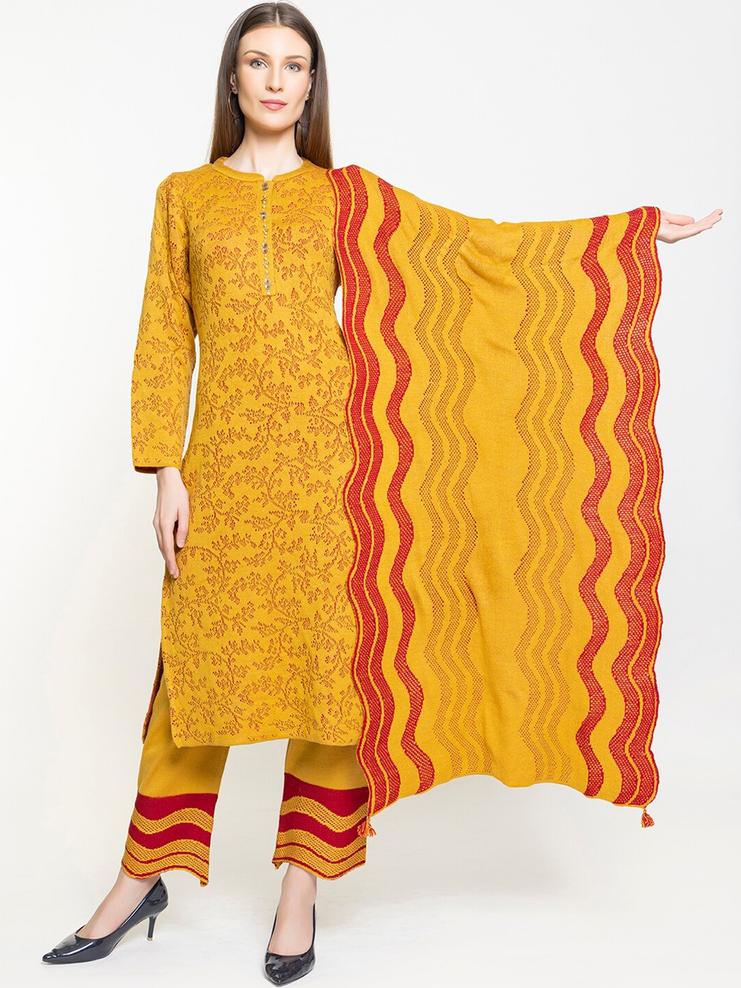 

Elthia Self Design Regular Kurta With Trousers & Dupatta, Mustard