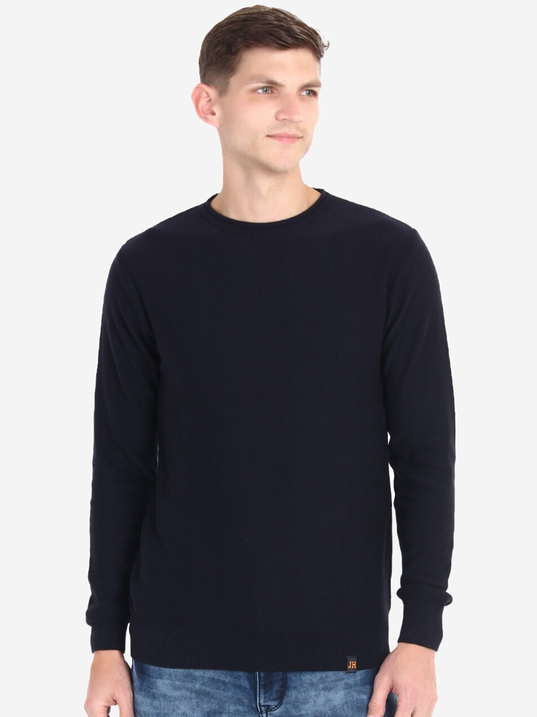 

INVICTUS Round Neck Pullover Pure Cotton Sweater, Navy blue