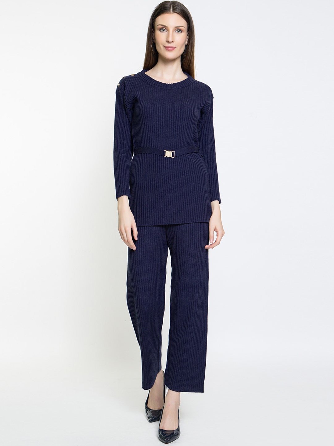 

Elthia Ribbed Woollen Top & Trousers, Navy blue