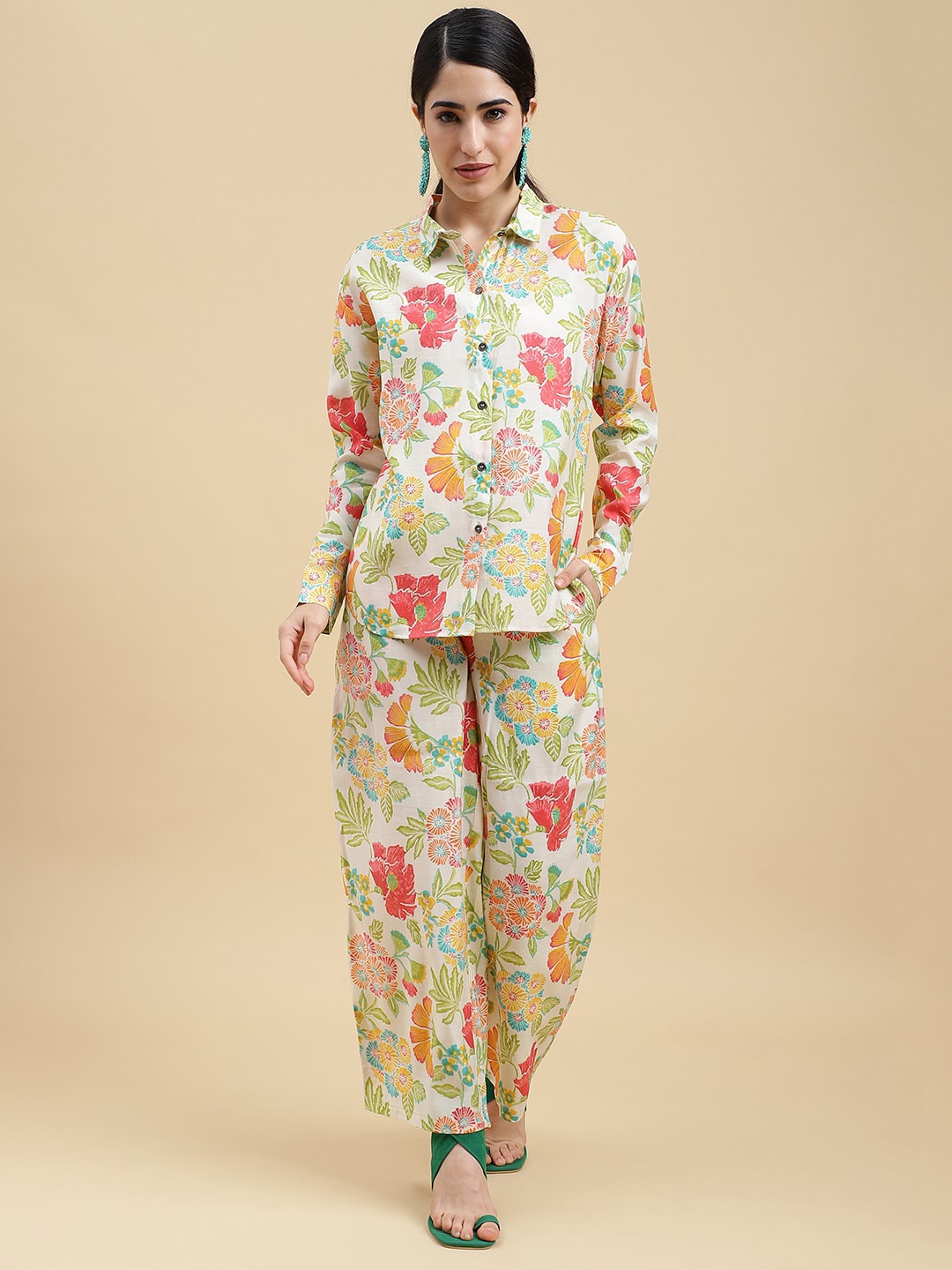 

HERE&NOW Floral Printed Shirt With Trouser`, Cream