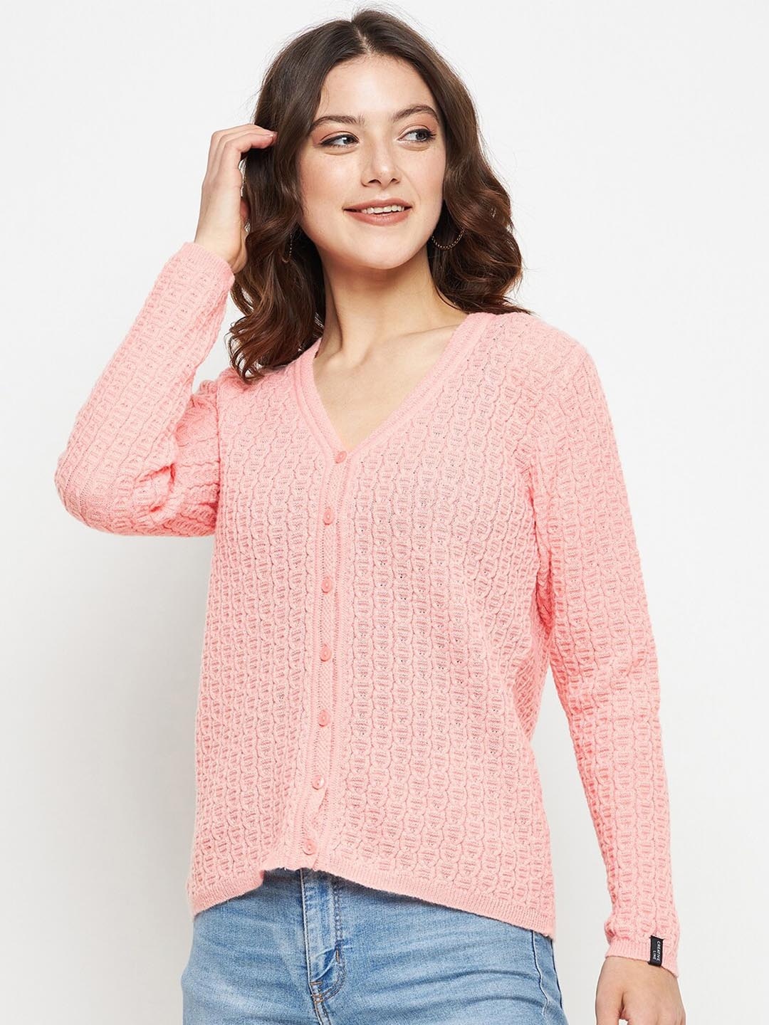 

CREATIVE LINE Cable Knit Self Design V-Neck Woollen Cardigan, Peach